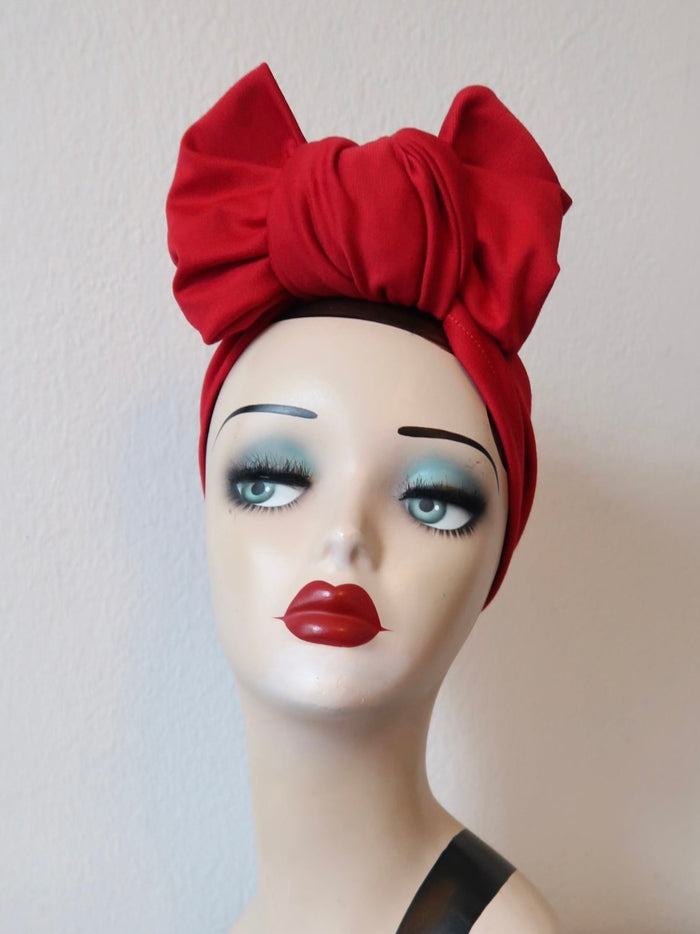 Red Turban Pre-tied Stretchy Turban (full coverage) with Knot Choice