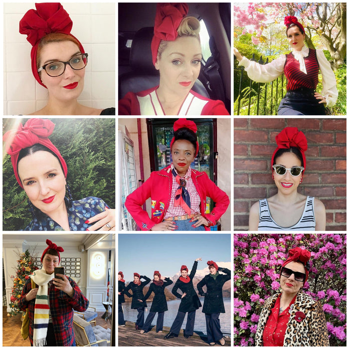people in vintage style red turbans