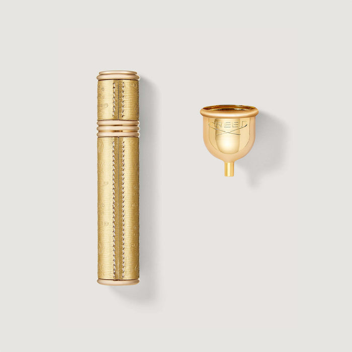 Gold 10ml Refillable Travel Perfume Atomiser with Engraved Funnel - Flat Lay | Creed Fragrances