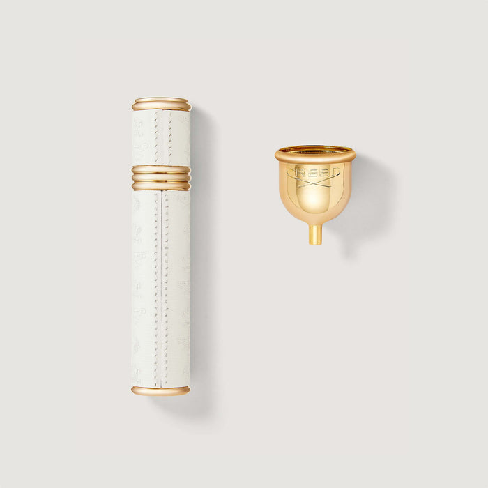 White Leather & Gold 10ml Refillable Travel Perfume Atomiser with Funnel - Flat Lay | Creed Fragrances