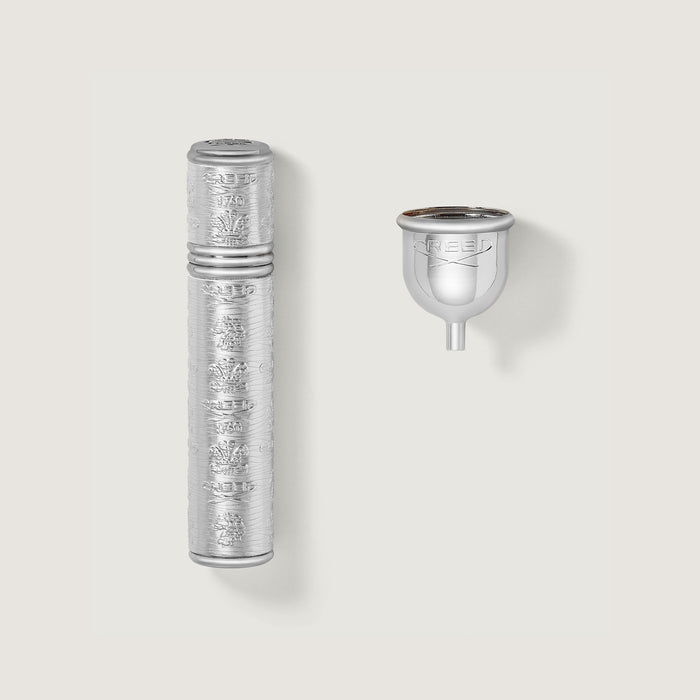Silver Engraved 10ml Refillable Travel Perfume Atomiser with Funnel - Flat Lay | Creed Fragrances