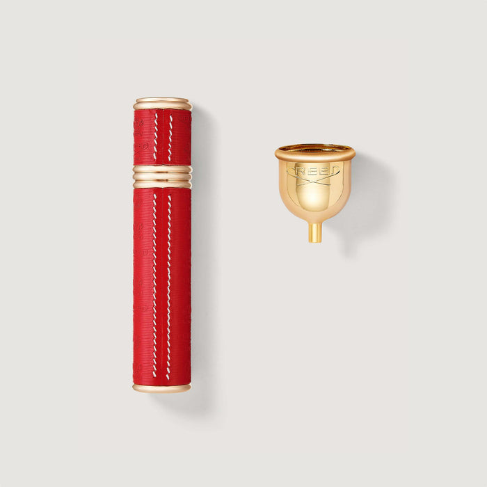 Red Leather & Gold 10ml Refillable Travel Atomiser with Funnel - Flat Lay | Creed Fragrances