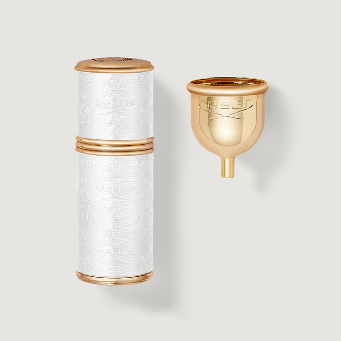 White & Gold 50ml Refillable Travel Perfume Atomiser with Funnel - Flat Lay | Creed Fragrances