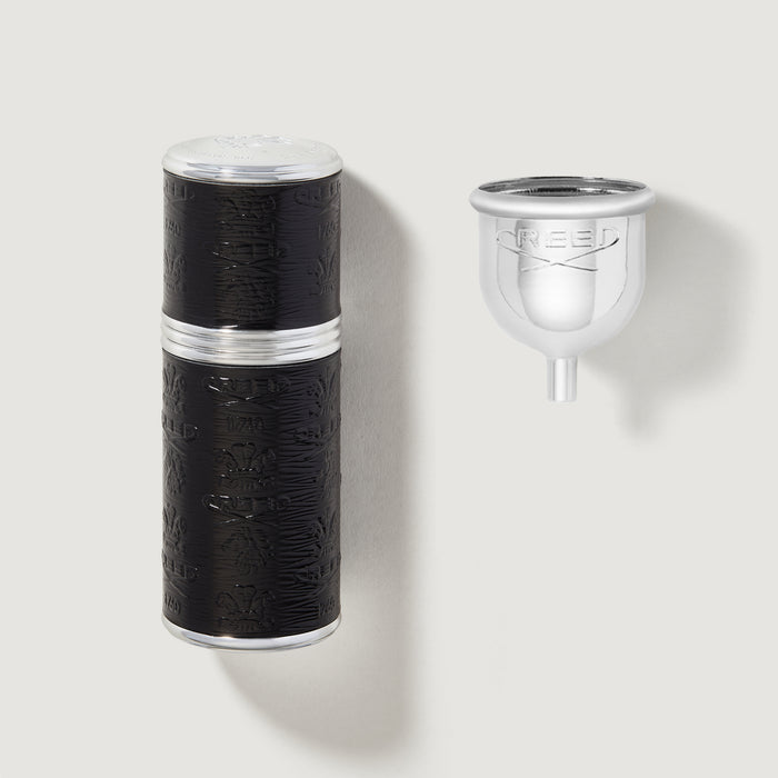 Black Silver 50ml Refillable Travel Perfume Atomiser with Funnel - Front View | Creed Fragrances