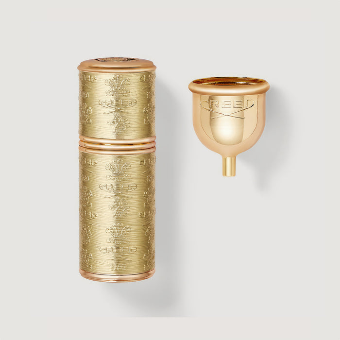 Gold Engraved 50ml Refillable Travel Perfume Atomiser with Funnel - Flat Lay | Creed Fragrances