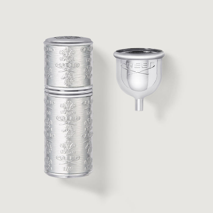 Silver 50ml Refillable Travel Perfume Atomiser with Funnel - Flat Lay | Creed Fragrances