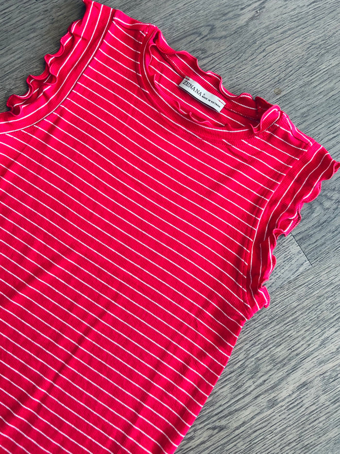 Ribbed Ruffle Trim Sleeveless Stripe Top in Ruby