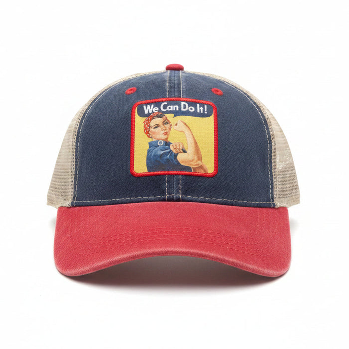 Cap with Rosie the Riveter graphic and 'We Can Do It!' text on a white background