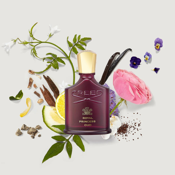 Royal Princess Oud oud perfume for women with rose, vanilla and citrus notes flat lay | Creed Fragrances