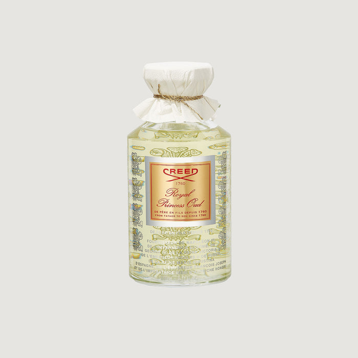 Royal Princess Oud 240ml heritage flacon with white leather cap and gold label - Front View | Creed Fragrances