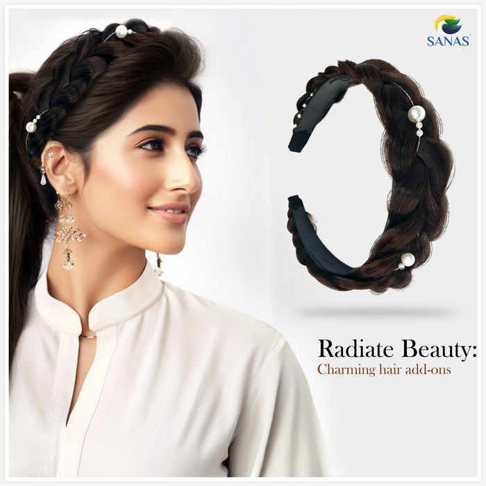 Stretchable braided hairband with pearls
