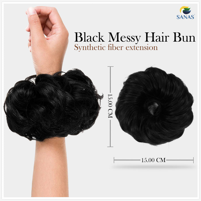 Black messy bun hair extension with extra strong elastic band by Sanas