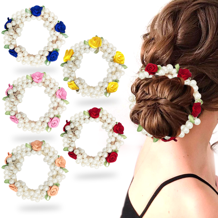 SANAS Pearl Flower Hair Rubber Bands for Women 5 Pcs