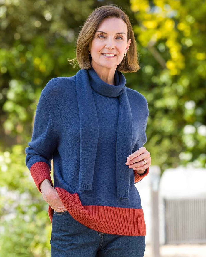 Sasha Contrasting Scarved Jumper - Blue Rust - Country Collection
