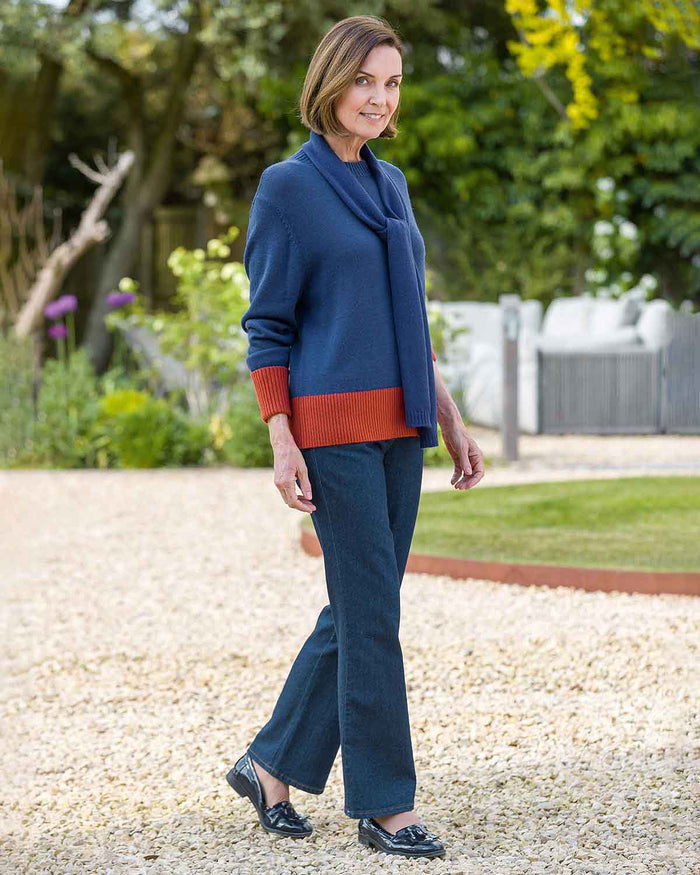 Sasha Blue & Rust Contrasting Scarved Jumper - Image 2 - Country Collection
