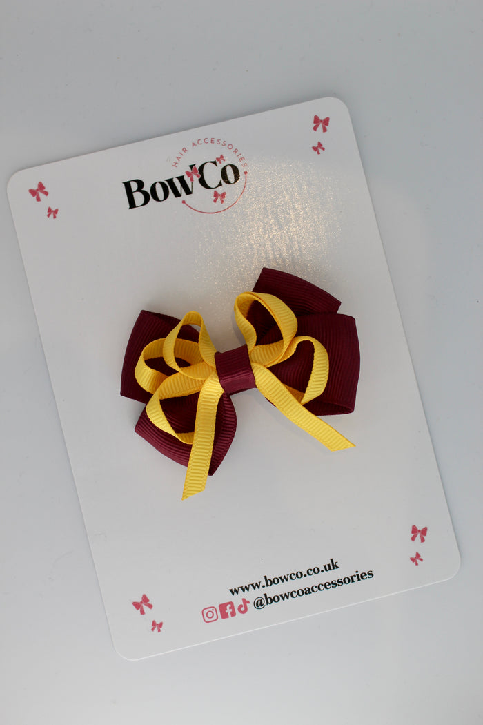 School Bow Burgundy and Yellow Gold - Double Bow - Clip