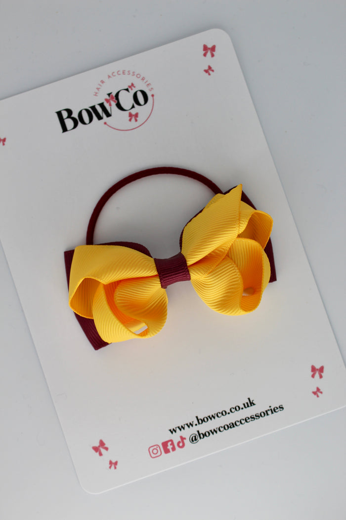 School Bow Burgundy and Yellow Gold - Pleated Bow - Elastic
