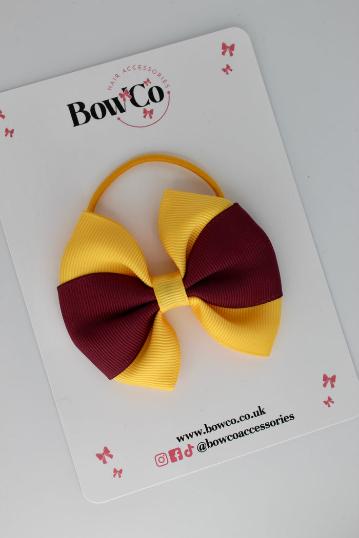 School Bow Burgundy and Yellow Gold - Round Tuxedo Bow - Elastic