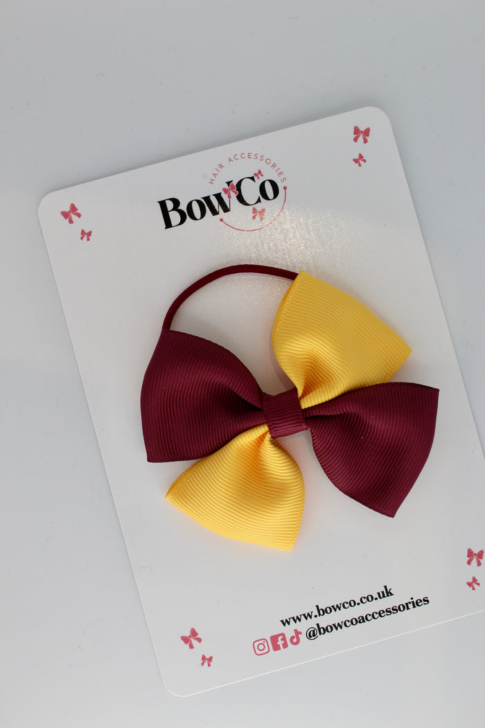 School Bow Burgundy and Yellow Gold - Twist Bow - Elastic