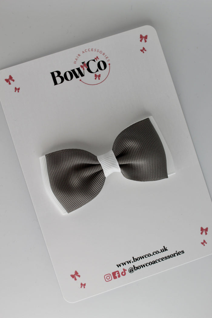 School Bow Metal Grey and White - Double Lapel Bow - Clip