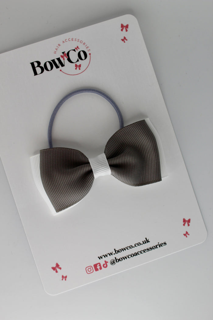 School Bow Metal Grey and White - Double Lapel Bow - Elastic