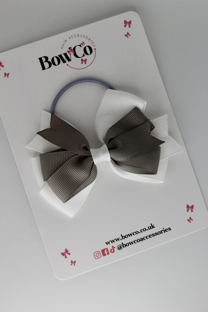 School Bow Metal Grey and White - Double Tail Bow - Elastic