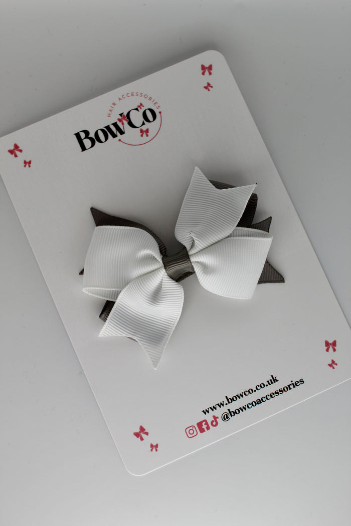 School Bow Metal Grey and White - Layer Tail Bow - Clip