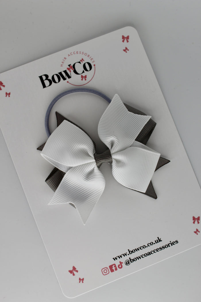School Bow Metal Grey and White - Layer Tail Bow Set - Elastic