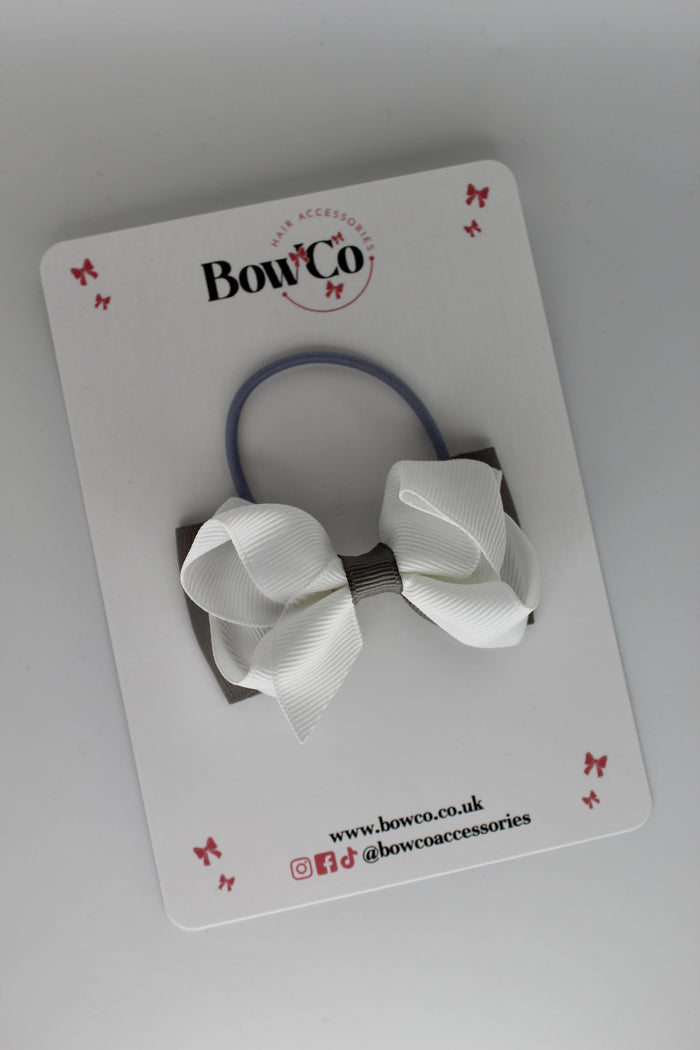 School Bow Metal Grey and White - Pleated Bow - Elastic