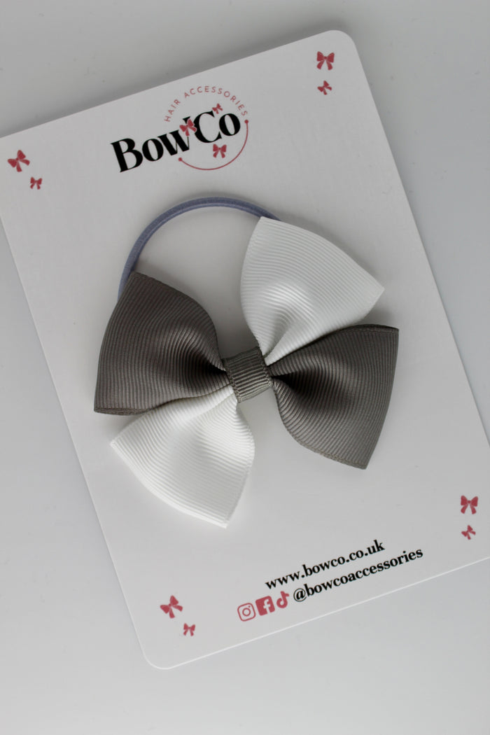 School Bow Metal Grey and White - Twist Bow - Elastic
