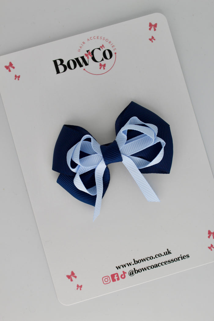 School Bow Navy Blue and Bluebell - Double Bow - Clip