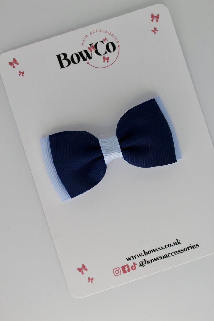 School Bow Navy Blue and Bluebell - Double Lapel Bow - Clip