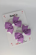 School Bow Purple and White Gingham Layer Tail Bow Set - Elastic