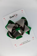 School Green and Grey Double Loop Bow - Clip