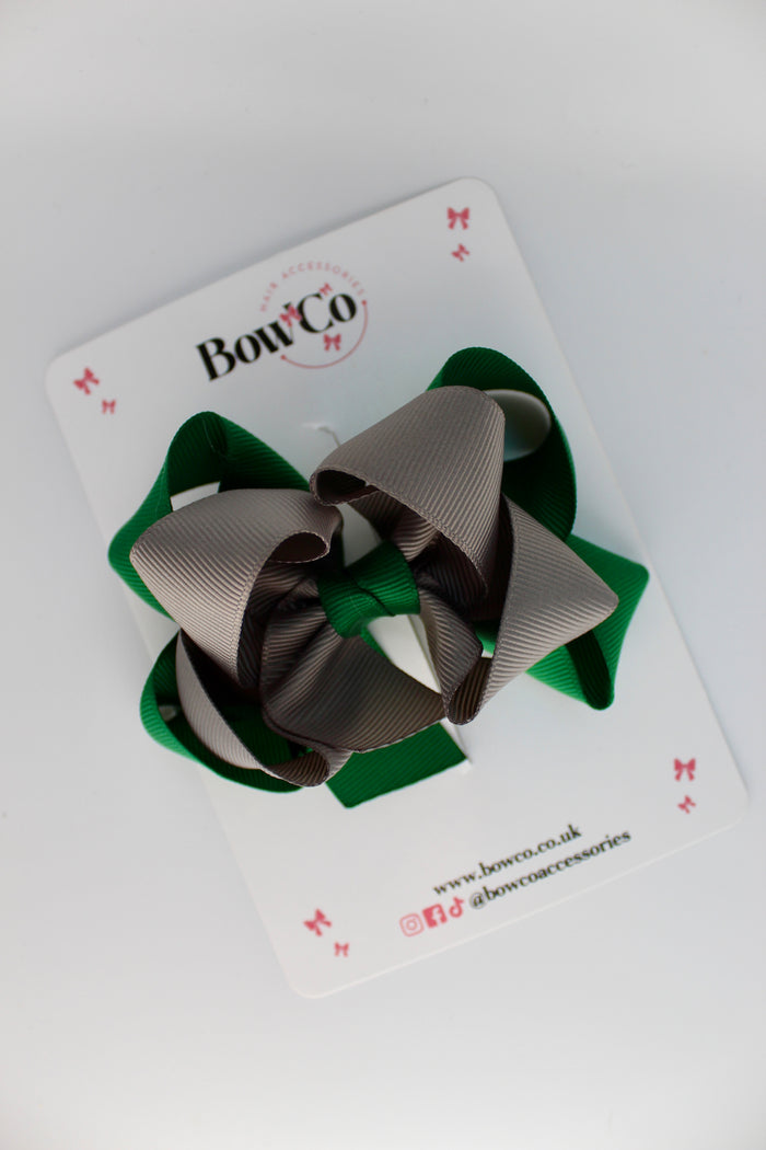 School Green and Grey Double Loop Bow - Clip