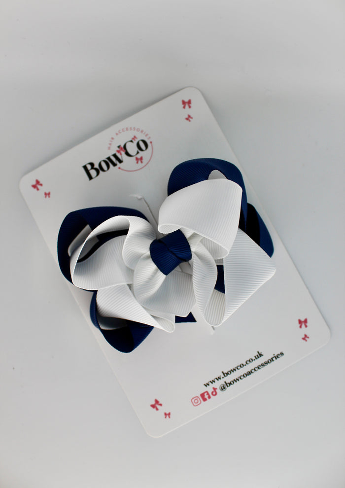 School Navy Blue and White Double Loop Bow - Clip