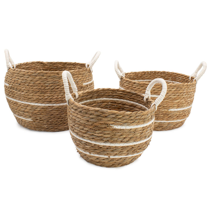 Set of 3 Cotton & Seagrass Large Baskets Natural Stripes