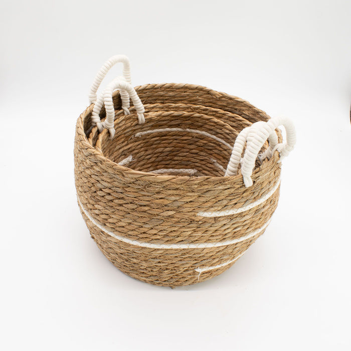 Set of 3 Cotton & Seagrass Large Baskets Natural Stripes