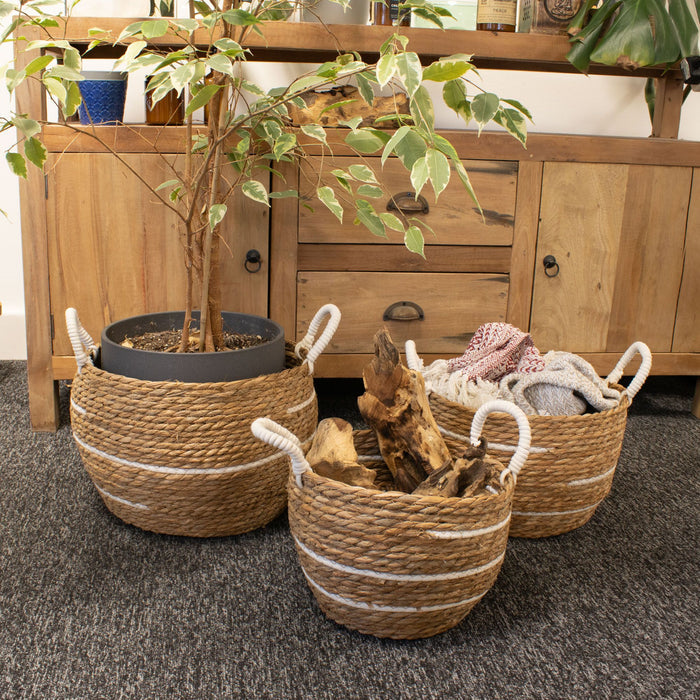 Set of 3 Cotton & Seagrass Large Baskets Natural Stripes