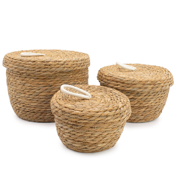 Set of 3 Natural Seagrass & Cotton Round Baskets with Lids