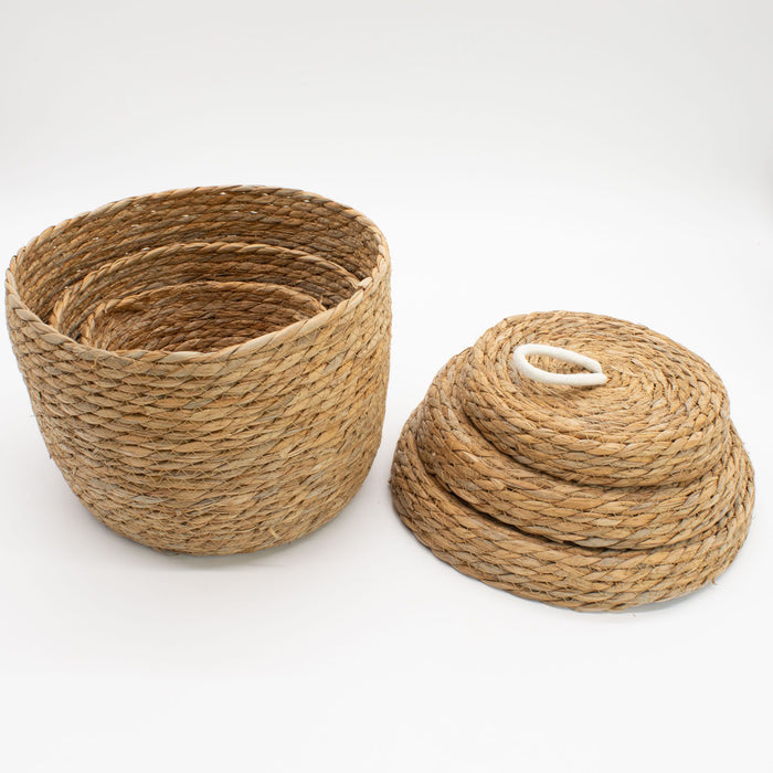 Set of 3 Natural Seagrass & Cotton Round Baskets with Lids