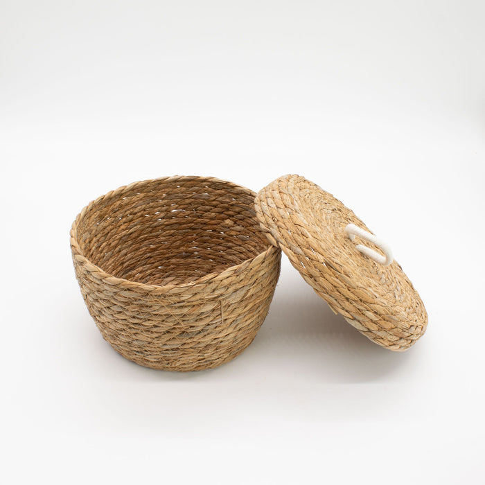 Set of 3 Natural Seagrass & Cotton Round Baskets with Lids