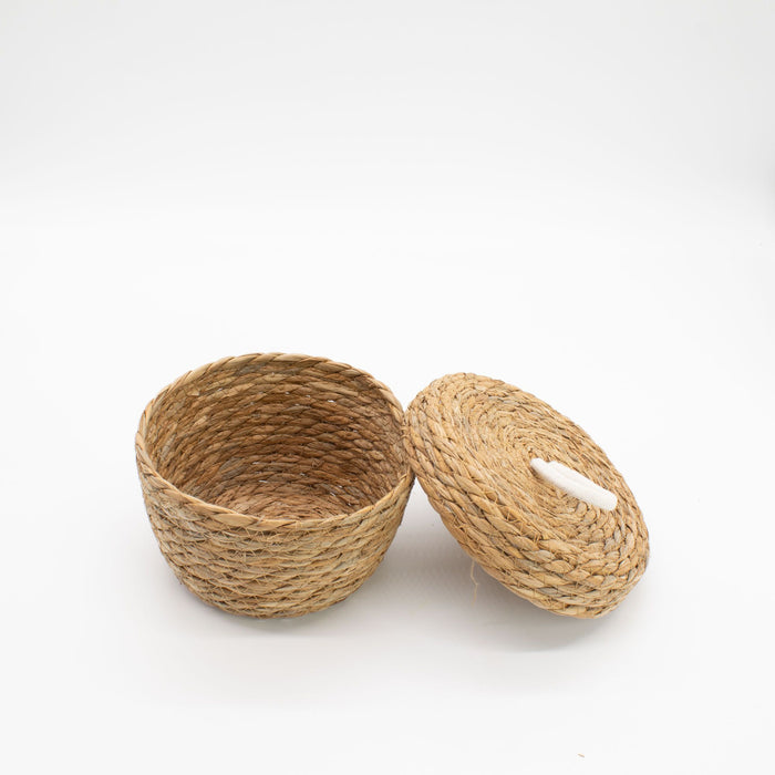 Set of 3 Natural Seagrass & Cotton Round Baskets with Lids