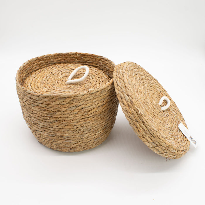 Set of 3 Natural Seagrass & Cotton Round Baskets with Lids
