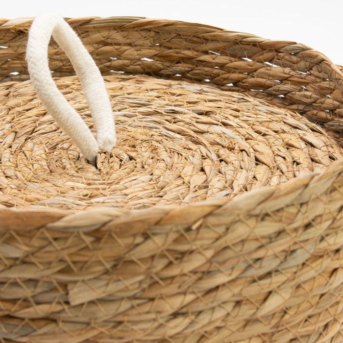 Set of 3 Natural Seagrass & Cotton Round Baskets with Lids