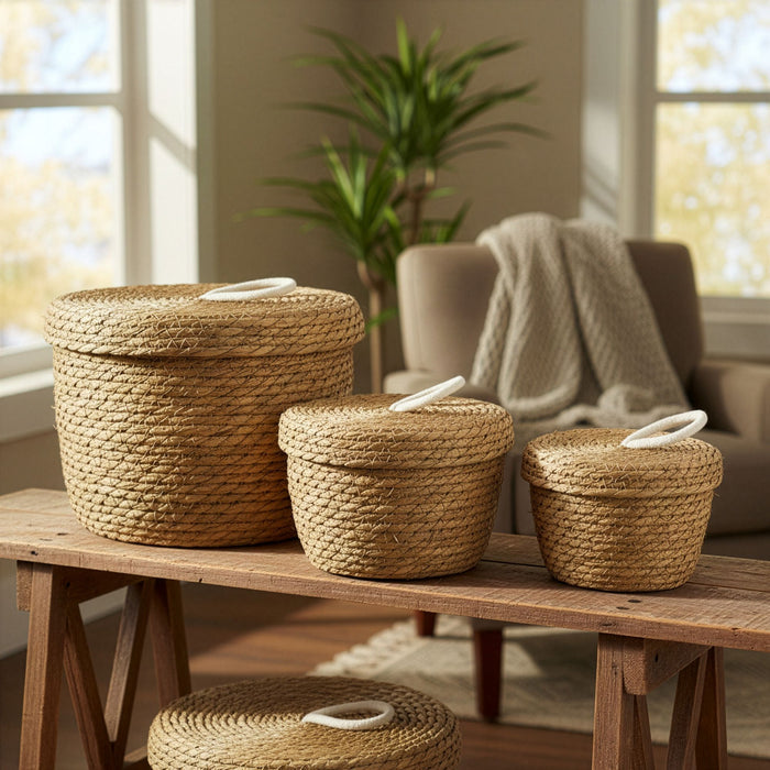 Set of 3 Natural Seagrass & Cotton Round Baskets with Lids