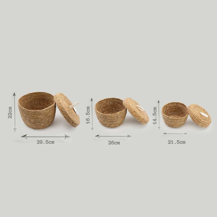 Set of 3 Natural Seagrass & Cotton Round Baskets with Lids