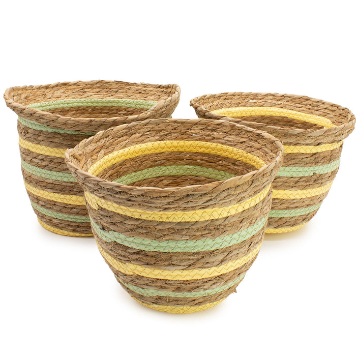 Set of 3 Seagrass & Straw Vase Shaped Baskets Natural Yellow & Green