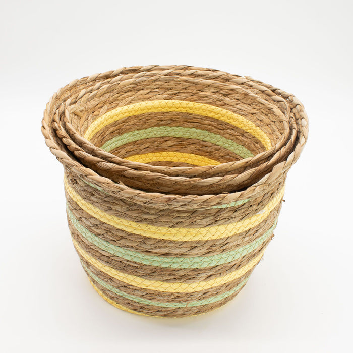 Set of 3 Seagrass & Straw Vase Shaped Baskets Natural Yellow & Green