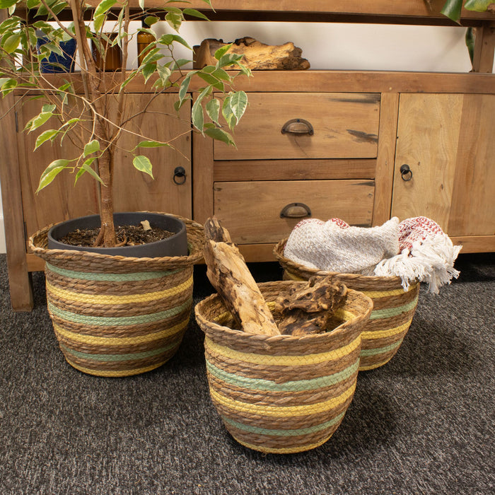 Set of 3 Seagrass & Straw Vase Shaped Baskets Natural Yellow & Green